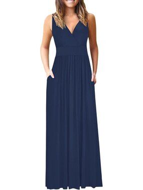 Women's Navy Summer Dress Sleeveless Long Dress Loose Swing Maxi with Pockets